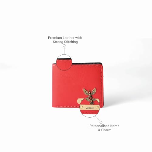 Image of Personalized Men's Wallet with Name & Favorite Charm | Classic Leather Wallet | Best Gift for Brother, Husband, Boyfriend, Father (RED)
