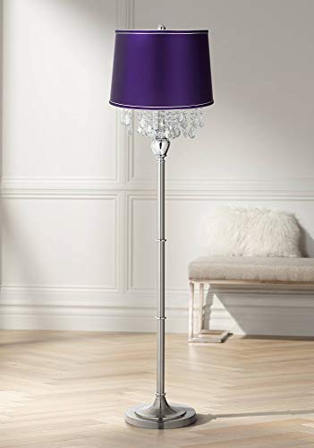 360 Lighting Crystal Modern Standing Floor Lamp 62 1/2" Tall Satin Nickel Silver Chrome Chandelier Dark Purple Satin Drum Shade Decor for Living Room Reading House Bedroom Office