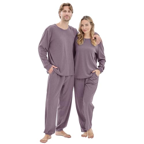 Ribbed Knit Matching Pajamas for Couples - Soft Cozy Pjs Long Sleeve Top & Wide Pant Sleepwear | Home & Lounge