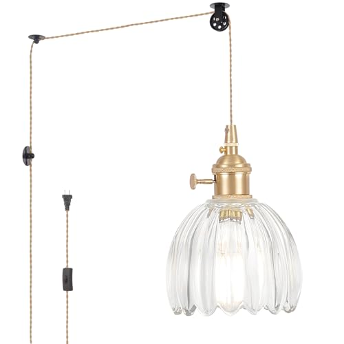 Image of Shenmoyl Plug in Pendant Light Hanging Light Fixture Corded On /Off Switch Brass Pendant Light with Clear Tulip Glass Lampshade for Bedroom Living Room Kitchen Island