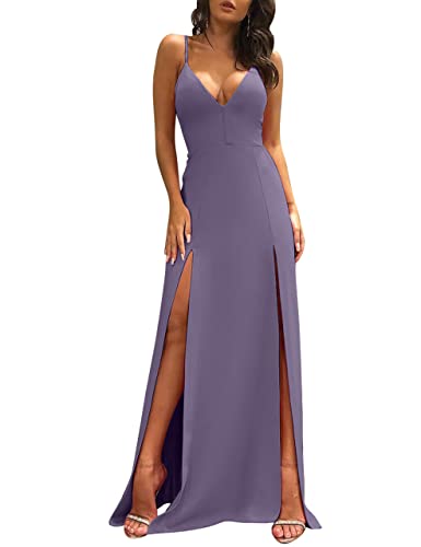 TOB Women's Sexy Sleeveless Spaghetti Strap Backless Split Cocktail Long Dress Lavender