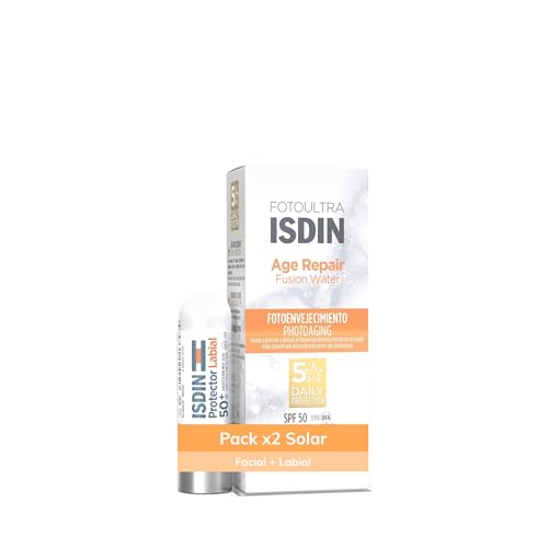 ISDIN Pack Fusion Water Repair SPF 50 + Protector Labial SPF 50, Pack protector solar facial de fase acuosa, triple acción anti-fotoenvejecimiento