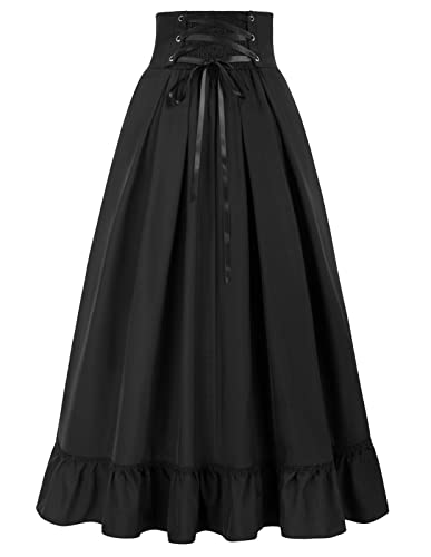 Women Long Black Skirt Victorian Maxi Skirts With Pockets Smocked Ruffle High Waist Skirt Black L #TOP1