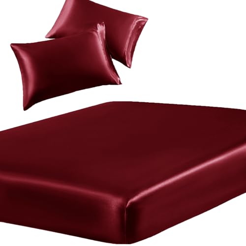 SiinvdaBZX 3-Piece Set Satin Twin Fitted Sheet & 2 Pillowcase, Burgundy