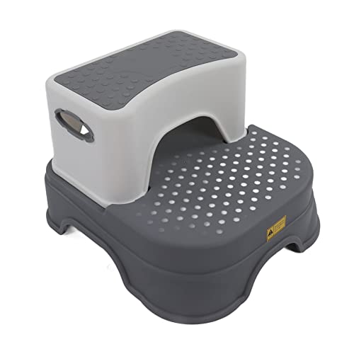 2 Step Stool, Kids Step Stool Double Antiskid Height Adjustable Widened Base Ergonomic Toddler Step Stool 2 Layer Detachable Step Stool for Kitchen Nursery Bedroom (Grey White)