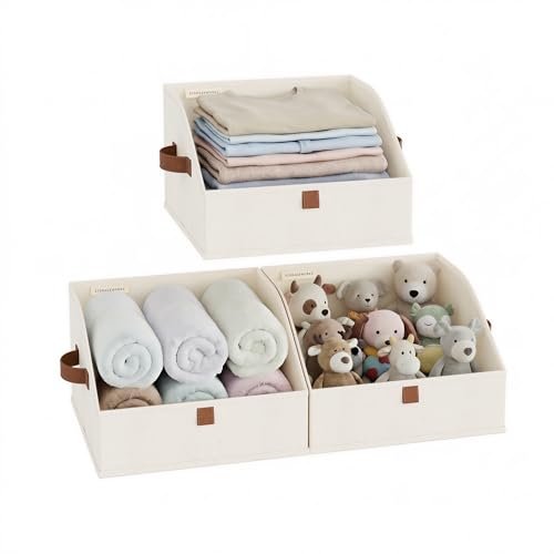 Image of StorageWorks Closet Storage Bins, Trapezoid Organizer Box for Shelves, Fabric Clothes Bin, Foldable Organizing Baskets with Handles, Small, Ivory White, 3-Pack