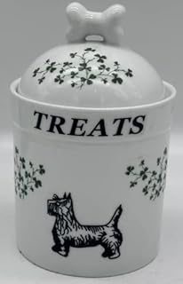 Dog TREATS Covered Container - Porcelain - Bone on Lid for Handle w/Scottie Scotty Dog & Shamrocks