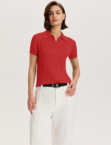 Image of Micoson Womens Short Sleeve Sweater Tops Lapel V Neck Polo Shirts 2026 Summer Cable Knit Loose Blouse Business Casual Outfits
