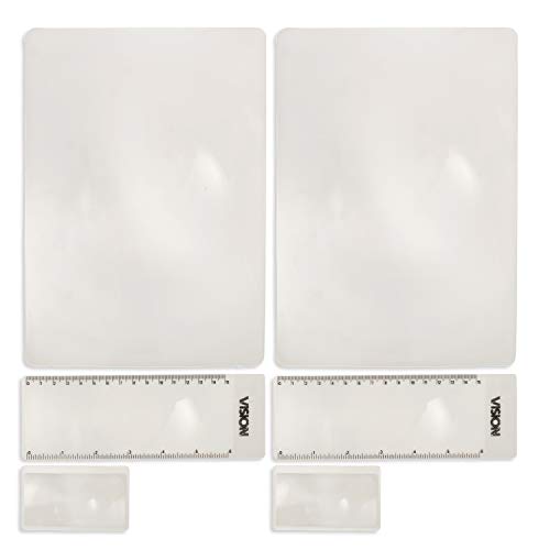 Premium 2-Pcs Full Page Magnifier Set – Fresnel Lens Plastic 7.5” x 10” Magnifying Sheet – Bonus 2 Compact Portable Credit Card Magnifiers & 2 Ruler Magnifiers Included - For Reading & Low Vision Aids