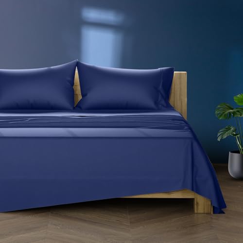 Image of TEXAS LINEN CO. 100% Egyptian Cotton King Size Sheets Set - Luxury 1000 Series Lonestar Lovin' Collection Bed Sheets King Size (4 PC, Navy Blue), 16 inch Deep Pocket Extra Long Staple Hotel Sheets