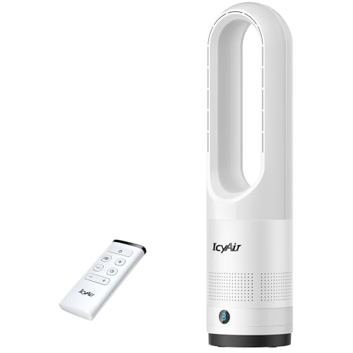 IcyAir - Ventilador de columna sin pala, ventilador silencioso con mando a distancia, 8 velocidades, oscilación 90°, temporizador 9h, pantalla LED, ventilador sin aspas para dormitorio, oficina