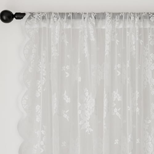 Image of piercing Curtains for Kitchen, Lace Curtains, Kitchen Window Curtains, Sheer Curtains, Kitchen Curtains 29 inchx39 inch Lace Tier 1-Panel Rod Pocket Floral Scalloped Cafe Light Filter White