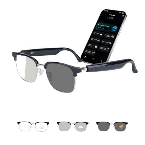 AI Smart Glasses, Translation Glasses with Real-Time Translator for 164 Languages, No Subscription for APP, Photochromic Lens, Spring Hinges, Bluetooth Glasses for Travel/Work/Study(Silver)