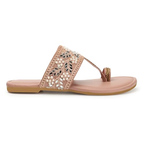 Image of Naitik Women's Kolhapuri Stylish Casual Flat Sandals, Ethnic Flat Chappals for Party & Occasions(Peach)