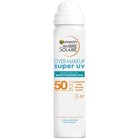 Garnier Ambre Solaire SPF 50 Super UV Over Makeup Mist for Face, High Protection Against UVA & UVB, Hyaluronic Acid, Light Texture Non Greasy Spray, Invisible Finish, Protects & Hydrates Skin, 75ml Cover