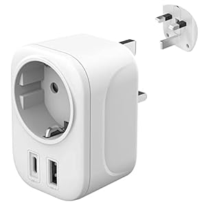 Adaptador Enchufe Ingles UK Inglaterra Adaptador de Viaje con USB A & C (2.4A), Español 2 Patas Europa hacia 3 Patas Reino Unido RU para Irlanda Escocia Britanico Maldivas(Tipo G)