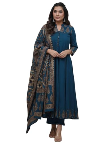 Image of GoSriKi Women's Rayon Viscose Anarkali Printed Kurta Pant with Dupatta | Anarkali Kurta Set for Women | Flared Kurti Pant Set | Ethnic Printed Suit for Women