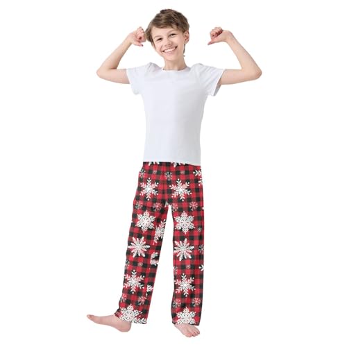 Snowflake Plaid Print Boys Long Pants Soft Trousers Elastic Waist Kids Lounge Bottoms with Pockets S-XL2