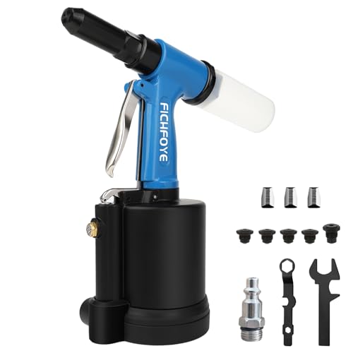 FICHFOYE Heavy Duty Pneumatic Rivet Gun 4000LBF Air Rivet Gun Set- 3/32 1/8 5/32 3/16 1/4 Riveter with NPT 1/4 inch for Automotive Construction Manufacturing Industries