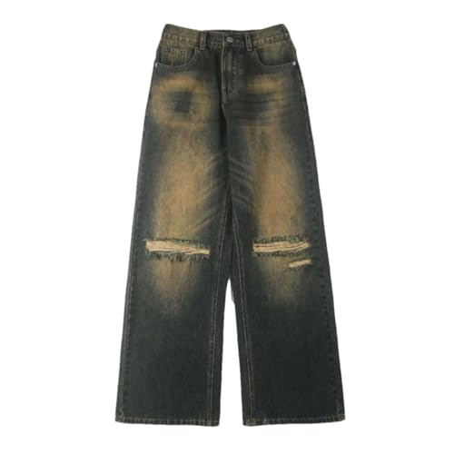 Men's Retro Washed Distressed Elastic Waist Ripped Jeans Straight Leg Loose Trousers