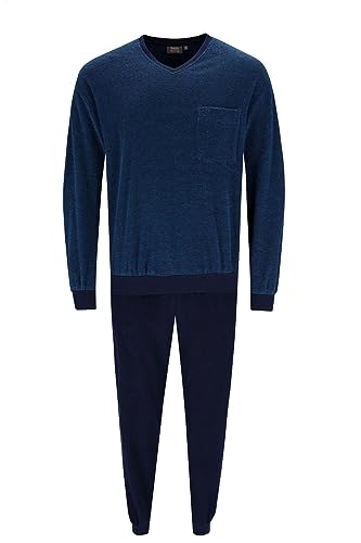 Hajo Herren Schlafanzug Marine - Premium Baumwolle Pyjama Langarm