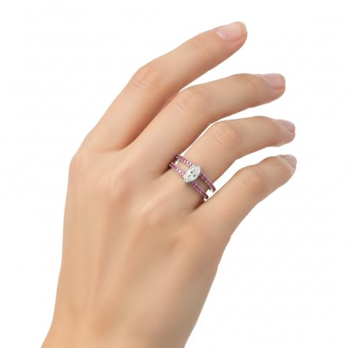 Image of Choose Your Gemstone Marquise Bezel Set Diamond CZ Band Rose Gold Plated Marquise Shape Split Shank Engagement Ring Lightweight Office Wear Everyday Gift Jewelry US Size 4 to 12