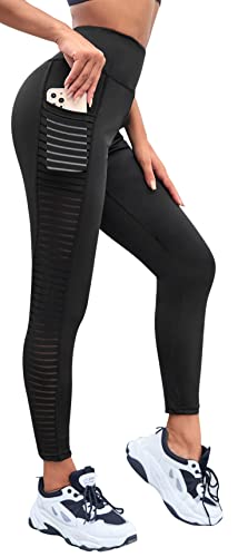 Legging de sport pour femme avec taille haute - Pantalon de fitness de yoga avec structure latérale semi-transparente côtelée, de couleur charbon, Charbon, S Cover