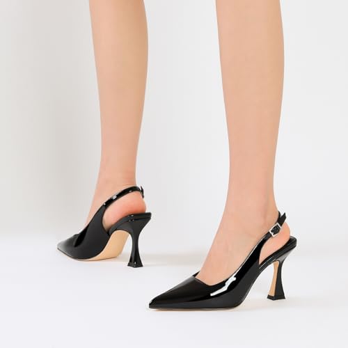 Image of Susanny Slingback Kitten Heels Elegant Dressy Pumps for Women Closed Pointy Toe Sexy Chunky High Heels Wedding Bride Prom Party Dress Shoes