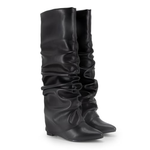 Image of Fold Over Boots Women's Knee High Shark Boots Round Toe Wedge Heel Flat Shoes for Fall Winter Dress Shoes