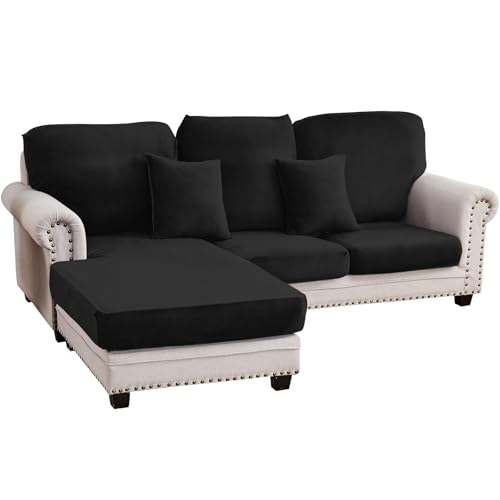 Image of Couch Cover 3-Piece Elastic Velvet Couch Cushion Covers & Chaise Slipcovers for L-Shaped Sofas, Sofa Seat Covers Washable, Soft Cover for Couches (2 Seater + Chaise, Black)