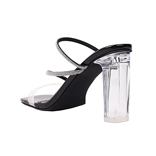 Image of vivianly Womens Square Toe Clear Rhinestone Strappy Heeled Sandals Transparent Block High Heels Slides Slipper Wedding Dress