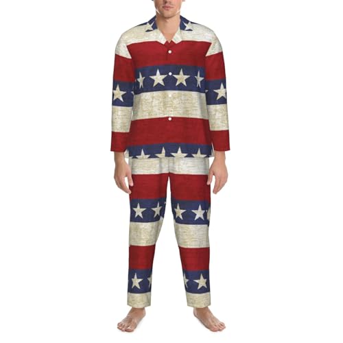 Vintage Usa Flag With Stripes And Stars Mens Pajamas Set Button Down Sleepwear Set Long Sleeve Loungewear With Pockets