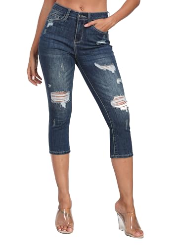 WAYRUNZ Women's High Rise Skinny Ripped Stretchy Cropped Distressed Jeans Capri Pants4
