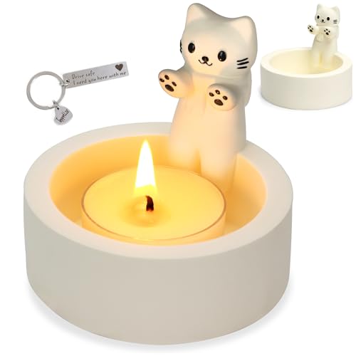 Teppellze Cat Candle Holder Cute Kitty Cartoon Kitten Candle Holder Warming Paws Plaster Handmade Tea Light Candle Sticks Holder Home Decor Gifts for Cat Lovers with Keychain for Free.
