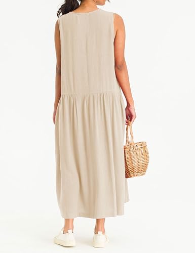 Image of Bozanly Summer Sleeveless Maxi Dress for Women Button Down Midi Dresses with Pockets Solid Color Loose Flowy Beach Dress 2025