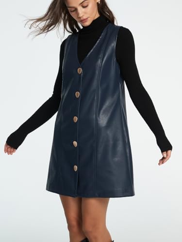 Women Faux Leather Mini Dress Sleeveless V Neck Button Down Pinafore Dress3