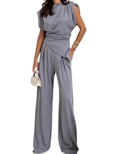 2025 New Women's Round Neck Pleated Sleeveless Casual Suit, Solid Color Irregular Crewneck Vest Wide Leg Pantsuit