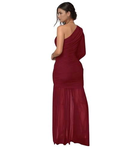 Image of Jigfar Women Sexy Elegant Sheer Mesh One Shoulder Ruched Single Sleeve Bodycon Formal Party Night Maxi Dress(6016,Wine Red,M)