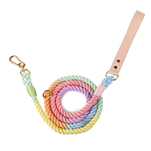 Lucky Monet 5FT Cotton Dog Leash - Ombre Rope Heavy Duty Braided Training With Comfortable PU Leather Handle and Durable Hook Clasp for Small, Medium & Large Dogs