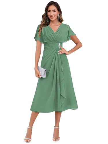 Women's V Neck Mother of The Bride Dresses for Wedding Ruffle Chiffon Tea Length Formal Evening Party Gowns