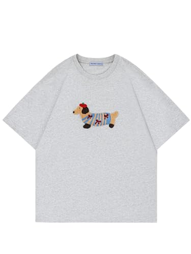 Aelfric Eden Mens Oversized Graphic Tees Dog Embroidery Casual Women Tshirts Short Sleeve Top Cotton Cute Tee Shirt