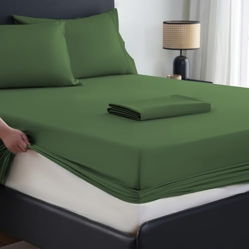 MEISHANG Extra Deep Pocket Queen Sheets Cotton - 1000 Thread Count Sheet Set - Fits 18"-24" in Deep Mattress,100% Egyptian Cotton,Sateen Weave, Soft & Breathable - 4 Piece (Queen, Forest Green)