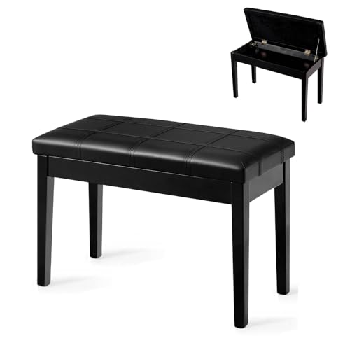 Maxmass Wooden Piano Bench, Duet Piano Stool with Storage Compartment and Padded Cushion, PU Leather Keyboard Stool Piano Seat for Kids Adults (Black)