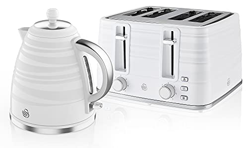 Swan Symphony Kettle and 4-Slice Toaster Set in White, Contemporary Design, Energy Efficient, Large Capacity, STP3054WN