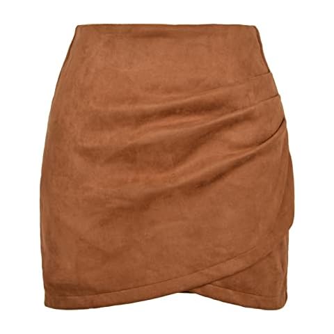 MAOAEAD Women's A-Line Mini Skirt Sexy High Waist Pack Hip Skirt Suede Solid Color Pleated Cross Zipper Short Dress (Brown,M) Cover