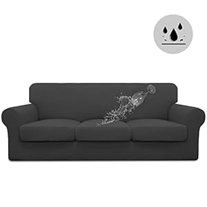 Easy-Going 100% Dual Waterproof 4 Pieces Stretch Soft Couch Cover for Dogs, Sofa Slipcover for 3 Separate Cushion Couch Leakproof Furniture Protector for Kids, Pets Dark Gray
