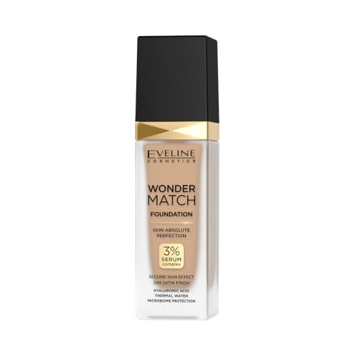 Eveline Cosmetics Wonder Match Luxury Adaptive Foundation, Buildable Coverage, Satin Finish, Oil-Free Formula with Hyaluronic Acid, Thermal Water and Acai Extract, 30 ml