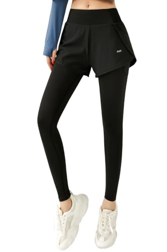[MORGEN SKY] レディース ジョガーパンツ ヨガパンツ レギンス ショートパンツ 短パン 9分丈 スパッツ 一体型 部屋着 ジム ヨガウェア フィットネス スポーツ トレーニング ポケット付き ハイウエスト 美脚 ストレッチ 通気 速乾 CK115 (S, 【パンツ付レギンス】 ブラック)