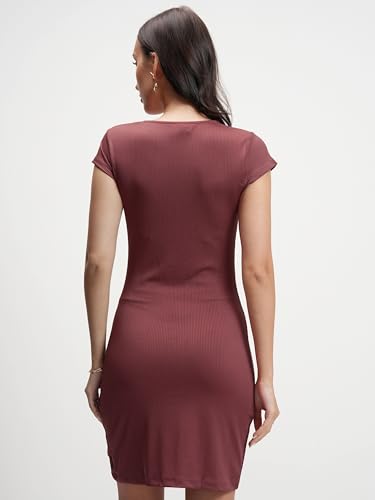 Image of Tokyo Talkies Women's Elegant Vertical Stripes Self-Design | Round Neck Sheath Dress | Ribbed Short Sleeves & Bodycon Fit for a Chic Look