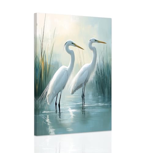 SWQYLB White Heron Wall Decor Egret Wall Art Coastal Bird Canvas Art Prints Heron Bathroom Decor Beach Seashore Picture Framed Home Decor (12" x 18")